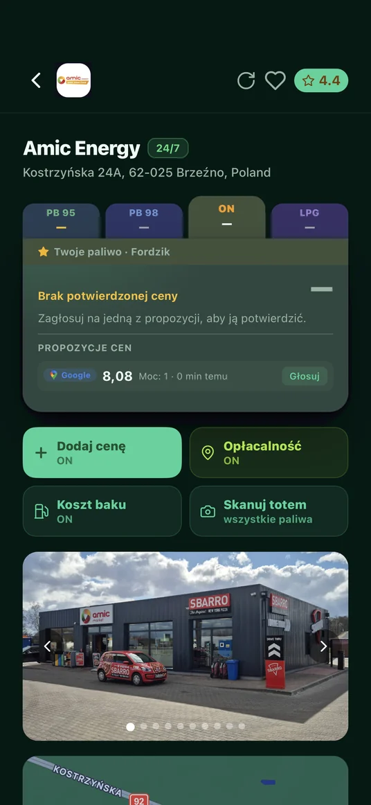 Propozycje cen dla stacji, każda z dowodem i mocą