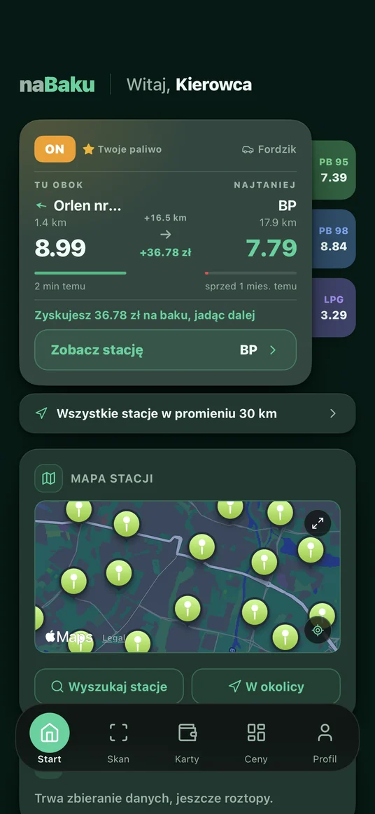 Ekran startowy Na Baku: najbliższa i najtańsza stacja obok siebie