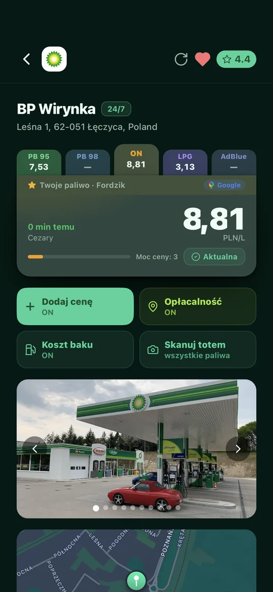Ekran stacji: ceny PB95, PB98, ON i LPG w zakładkach